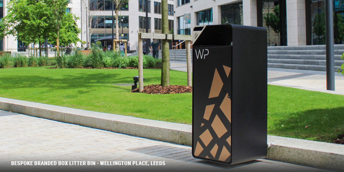 Bespoke branded Box Litter Bin at Wellington Place in Leeds