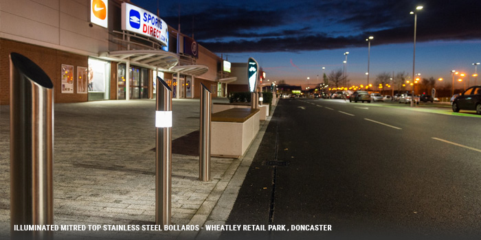 Illuminated mitred top stainless steel bollards - Wheatley Reatail Park, Doncaster