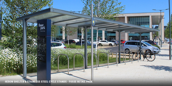 Heron Shelter & stainless steel cycle stands - Fosse Retail Park